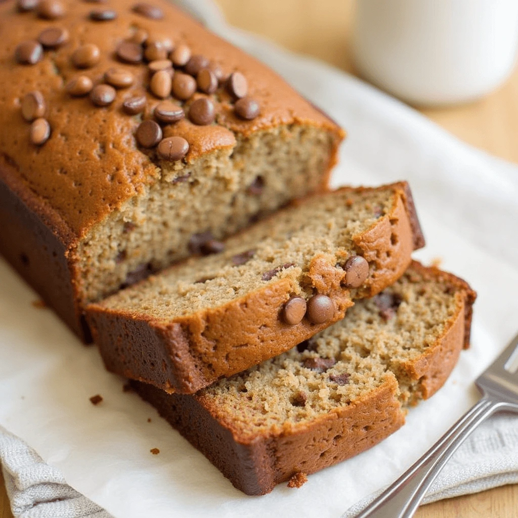 Sliced banana bread topped with chocolate chips, made without butter.