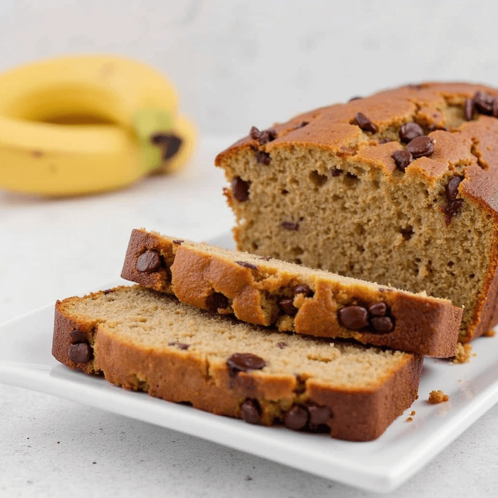 Slices of banana bread with chocolate chips, showcasing a butter-free recipe.