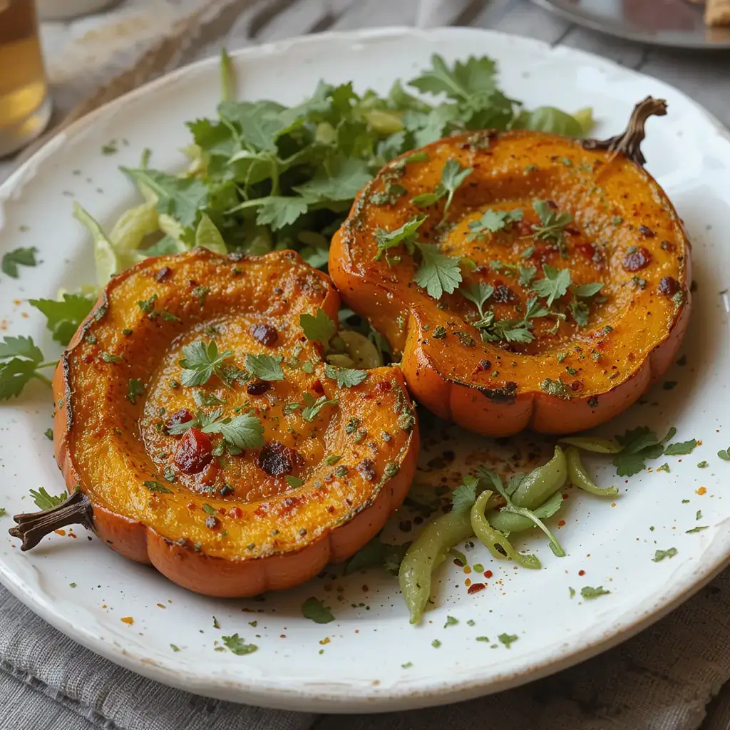  A golden-brown pastry filled with tandoori pumpkin paneer risotto, garnished with herbs on a white plate.