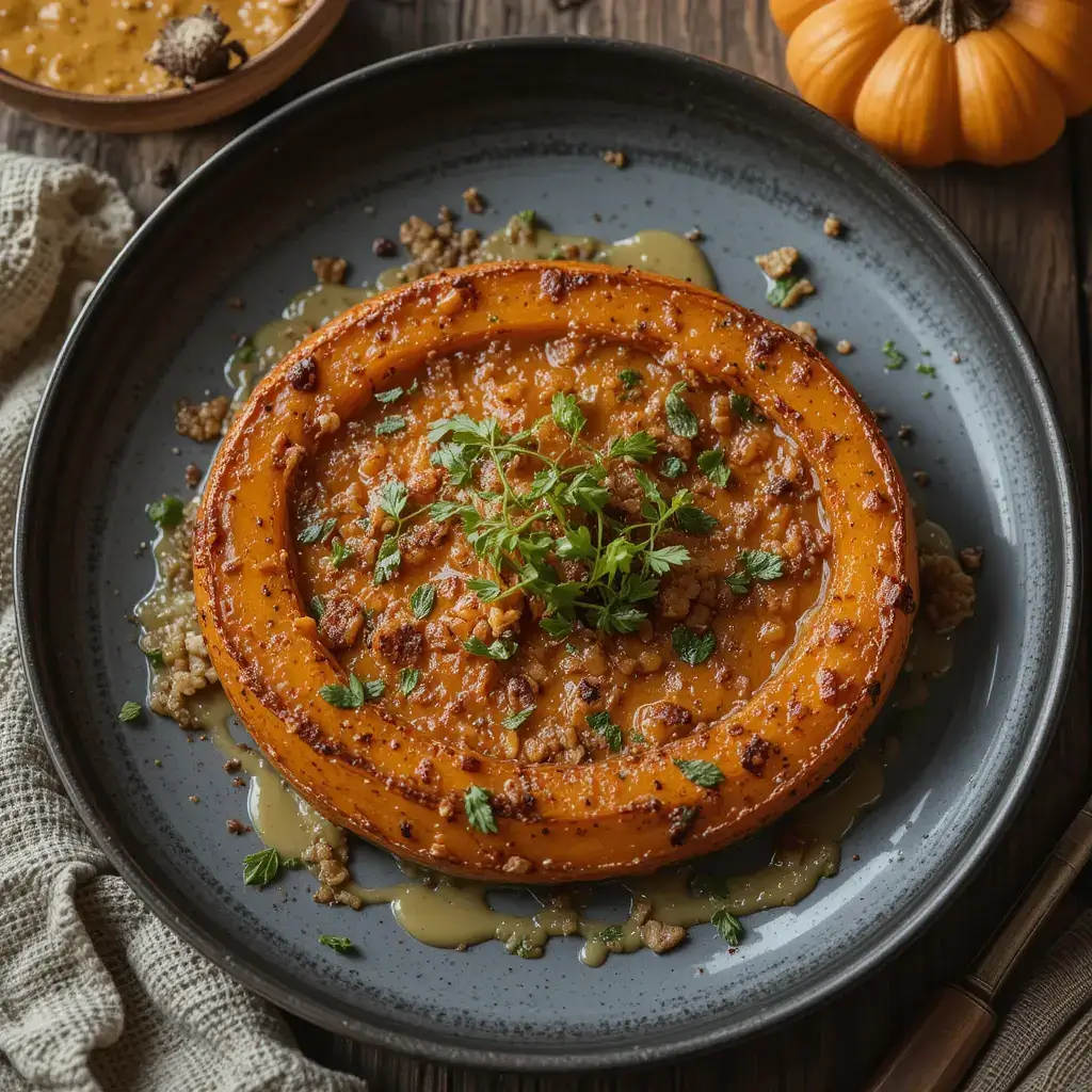 A roasted pumpkin ring garnished with fresh herbs on a grey plate.